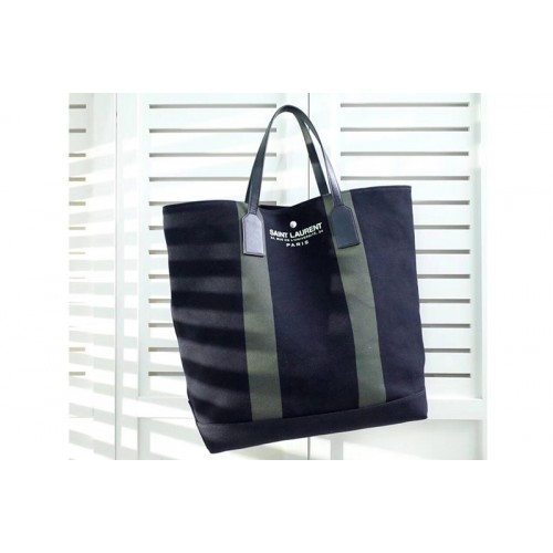 YSL Beach Shopping East West Tote Bag In Black and Green Canvas