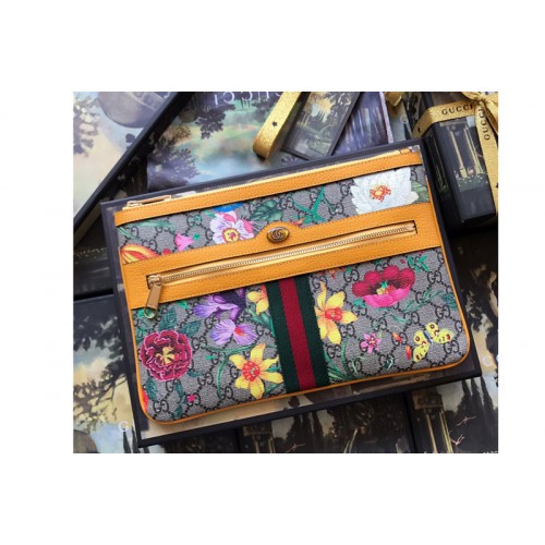 Gucci Ophidia Flora pouch in Beige ebony Supreme canvas With Yellow Leather