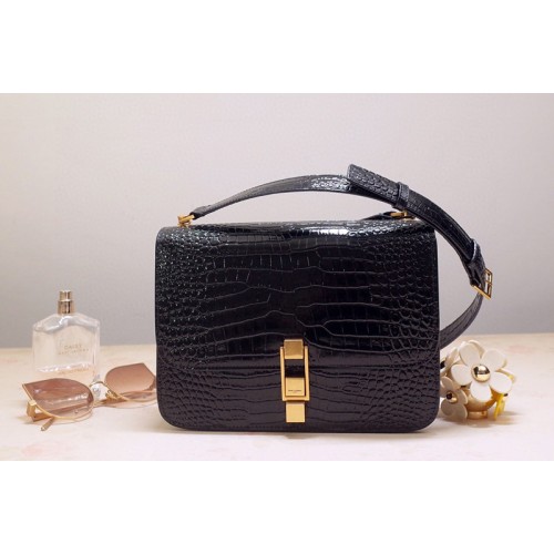 YSL Carre Satchel Bags In Black Crocodile Embossed Leather
